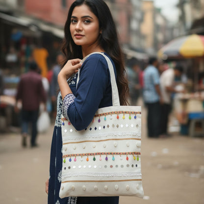 DesertGleam – Tote with Mirror & Shell Accents
