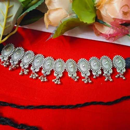 Oxidized Floral Charm Choker Necklace